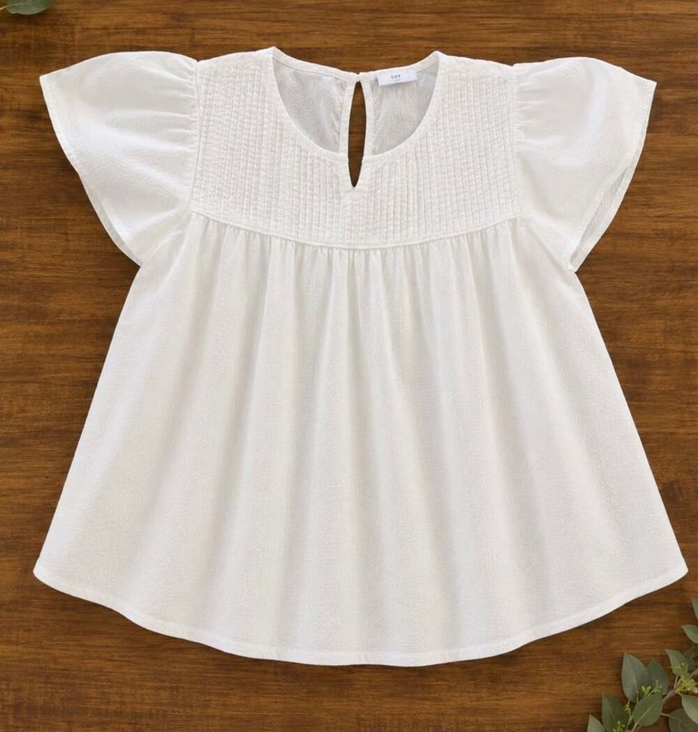 Mayoral White Smocked Flutter-Sleeve Top sz 14 Girls (v1)